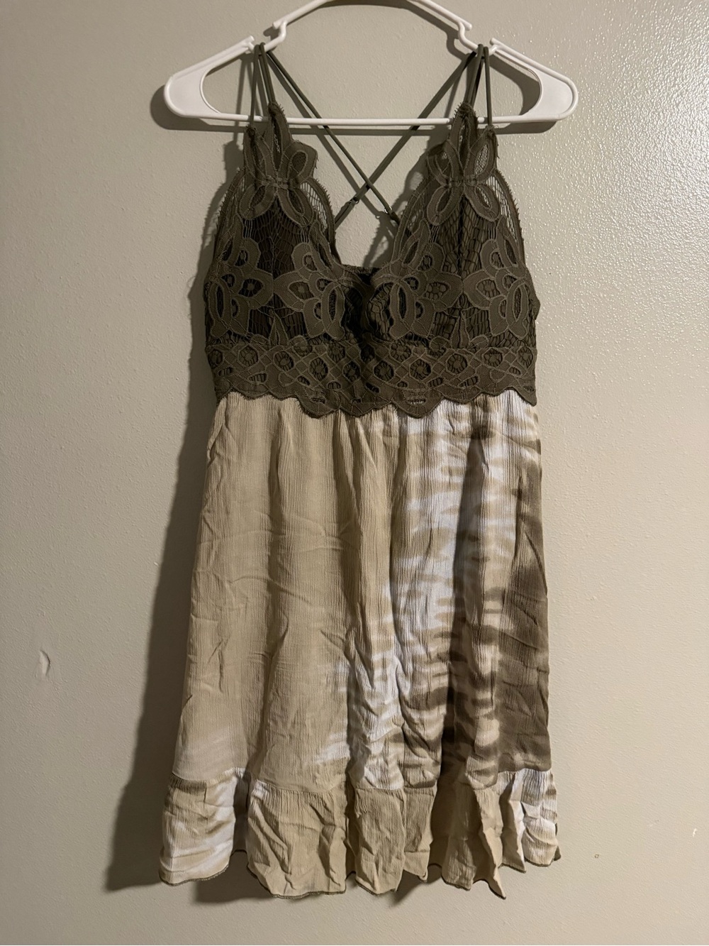 Olive Lace-Trim Mini Dress with Cream Tie-Dye Skirt